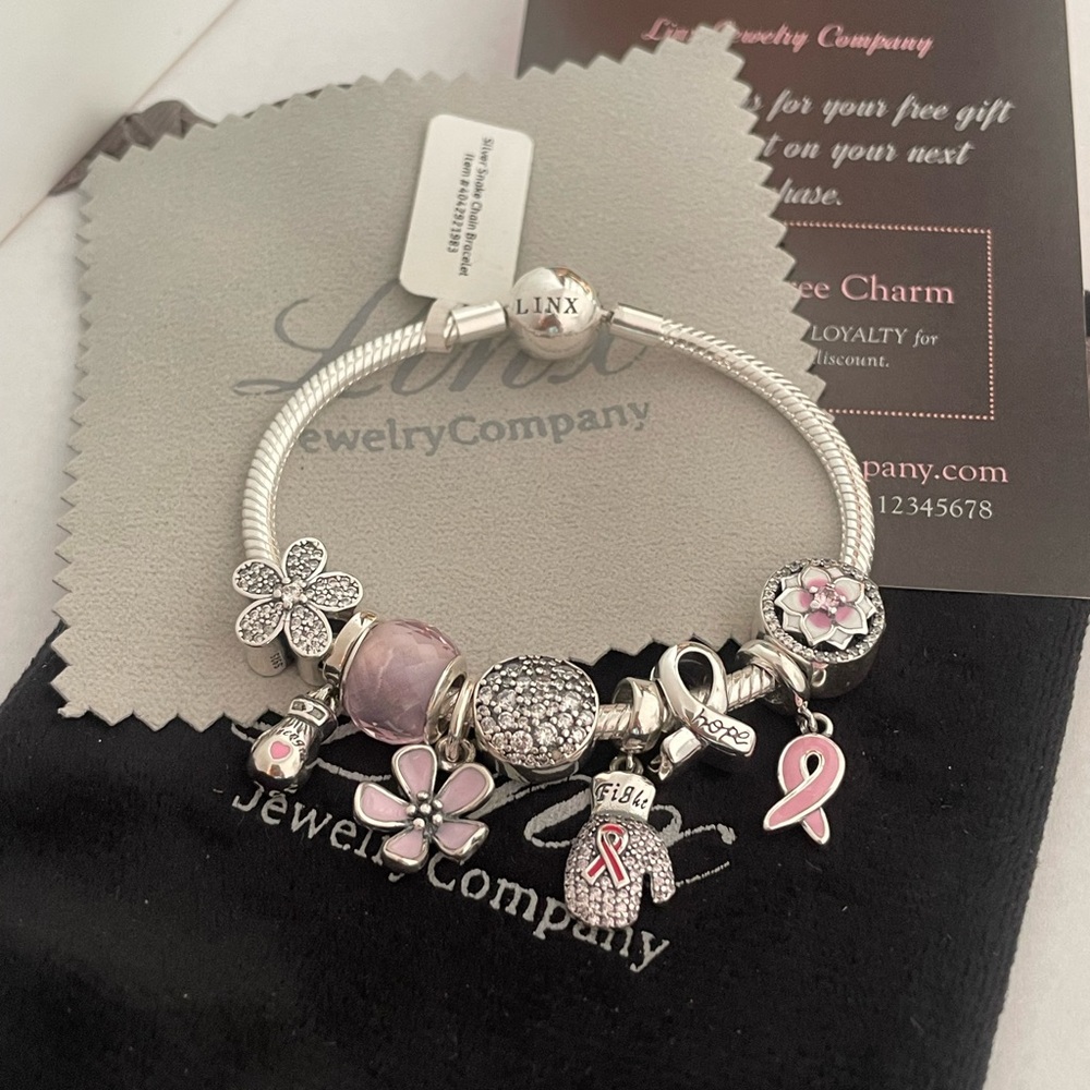 Linx Snake Chain Bracelet with Pink Breast Cancer Awareness Themed Charms